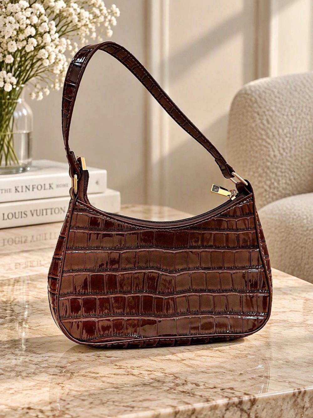5/$25 Crocodile-Embossed Shoulder Bag in Brown